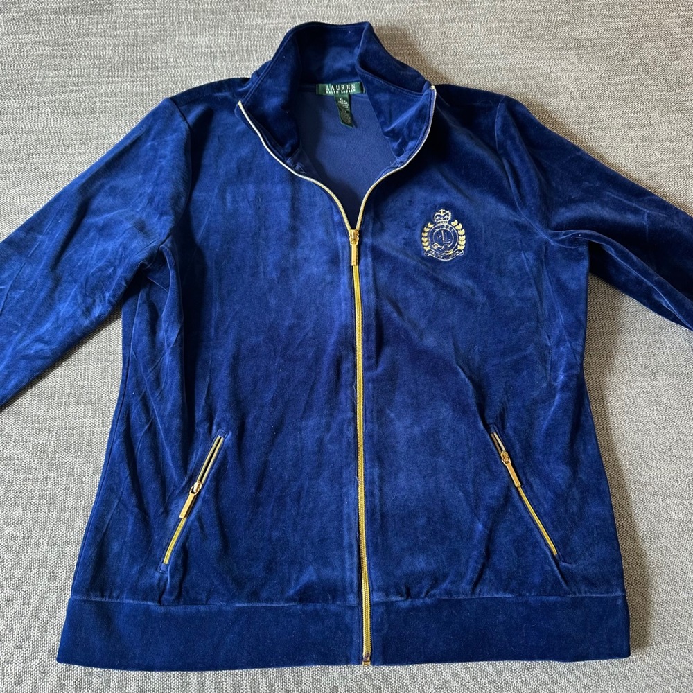 Lauren Ralph Lauren Tracksuit Womens XL Blue Velour 2pc Set Gold Crest
